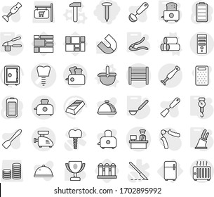 Editable thin line isolated vector icon set - nail, tooth implant vector, customs control, rack, fridge, ladle, pipes, hammer, handle scales, garlic clasp, walnut crack, knife holder, toaster, dish