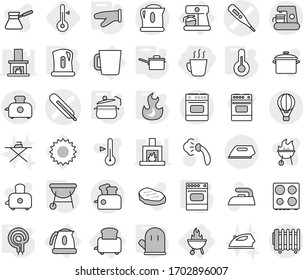 Editable thin line isolated vector icon set - hot drink, medical thermometer vector, air ballon, coffee maker, toaster, kettle, cup, bbq, saute pan, steam, cook glove, elecric oven, fire, sun, iron