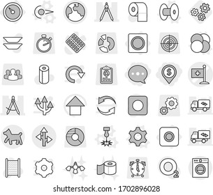 Editable thin line isolated vector icon set - dollar pin, balloon, medical flag vector, draw compass, drawing compasses, route, earth, dog, barometer, ring button, gear, atom core, photon, coil, rec