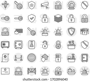Editable thin line isolated vector icon set - lock, unlock, customs, control, alarm, vip fence, baggage checking, inspector, identity card, safe, shield, unlocked, surveillance camera vector, siren