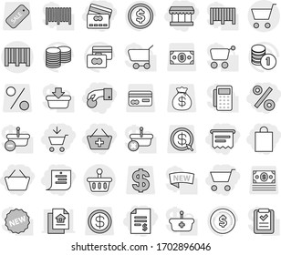 Editable thin line isolated vector icon set - cart, add to, basket, hand coin, account balance, credit card, shopping list, market, bag, percent, atm receipt, bar code, dollar vector, stack, money