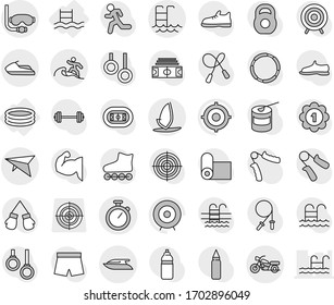 Editable thin line isolated vector icon set - stopwatch, deltaplane, motorcycle, pool, diving mask, surfer, jet ski, yacht, windsurfing, inflatable, target vector, barbell, stadium, weight, muscule