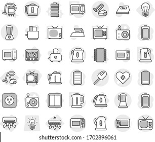Editable thin line isolated vector icon set - tv, pacemaker vector, bulb, air conditioning, power socket, switch, kettle, vacuum cleaner, chip, battery, microwave oven, iron, toaster, radio, blender