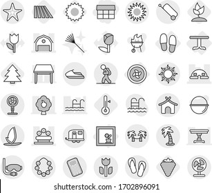 Editable thin line isolated vector icon set - market, barn, dome house, flower bed, perishable, trailer, tourist, suitcase, bungalow, sun, palm, hawaiian wreath, starfish, diving mask, jet ski, rake
