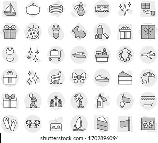 Editable thin line isolated vector icon set - gift, bow, hi quality package, plane, bus, tourist, passenger, lounger, palm, hawaiian wreath, disco ball, aquapark, baggage trolley, hotel, reception