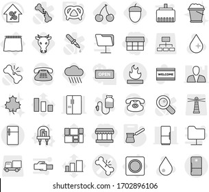 Conjunto de íconos vectoriales aislados de línea delgada editable - mercado, vector óseo roto, inflamable, cortina, botón de anillo, plomo, turk, pretzel, nube, cereza, vaca, bellota, gota de agua, alfombra de bienvenida, hoja de arce