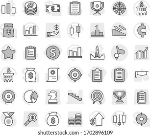 Editable thin line isolated vector icon set - clipboard, dollar coin, stairs, golf, rocket start vector, chart, graduate hat, award cup, certificate, graph, pie, japanese candle, money bag, growth