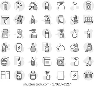 Editable thin line isolated vector icon set - cleanser, pills bottle vector, potion, vegetable oil, spices, ketchup, wine, window cleaning, liquid soap, sprayer, agent, garbage pile, dish, powder
