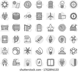 Editable thin line isolated vector icon set - spark plug, gas station, barrel, sun, barometer, electricity, power switch, atom core vector, electron, bulb, led, factory, press, oil pump, battery