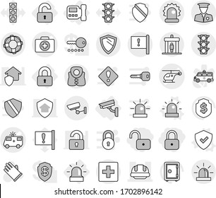 Editable thin line isolated vector icon set - lock, unlock, doctor case vector, ambulance car, helicopter, building helmet, important flag, traffic light, alarm, security man, detector, first aid