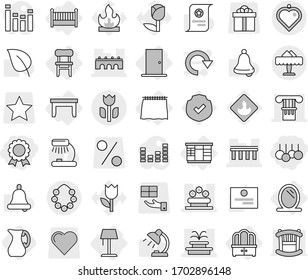 Editable thin line isolated vector icon set - sale, medal, column, bridge, fountain, flower bed, perishable, hawaiian wreath, restaurant, heart pendant, mirror, curtain, table, wardrobe, dresser
