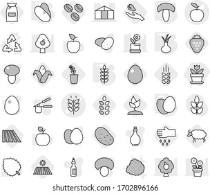 Editable thin line isolated vector icon set - flower, apple vector, spikelets, greenhouse, recycle, eggs, mushroom, beans, onion, coffee seeds, field, flour, corn, seedling, sheep, sprouting, sow