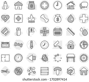 Editable thin line isolated vector icon set - percent, left arrow, bone, medical cross vector, repair, plan, clock, calendar, sun, first aid, home, drop, unlocked, 3d, mushroom, scissors, towel, tie