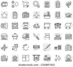 Editable thin line isolated vector icon set - cart, store, cottage, goverment house, customs control, sand clock, hotel, camera, intercome, phone vector, big spoon, shining, window cleaning, plates