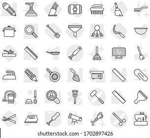 Editable thin line isolated vector icon set - funnel, doctors hammer vector, surgical clamp, pencil, ruler, construction, broom, stands for knives, pan, blender, soil cutter, shovel, sickle, pruner