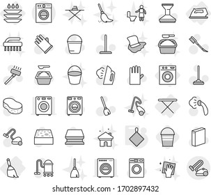 Editable thin line isolated vector icon set - iron, board, washing machine, broom, plate, rag, bucket, vector, vacuum cleaner, mop, sponge, car fetlock, steaming, washer, powder, rubber glove, brush