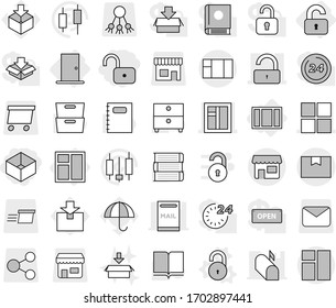 Editable thin line isolated vector icon set - unlock, box, window, package, shop, unlocked, door, vector, book, copybook, archive, japanese candle, umbrella, share, mail, delivery, mailbox, open