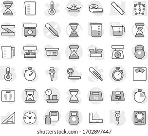Editable thin line isolated vector icon set - market scales, weight, medical thermometer vector, sand clock, ruler, heavy, warehouse, stopwatch, measuring cup, kitchen, handle, corner, big, alarm