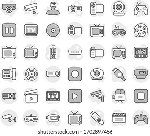 Editable thin line isolated vector icon set - surveillance, intercome, camera, tv, web vector, vr helmet, projector, cd, cinema clap, film spool, gamepad, video, remote control, play button, pause
