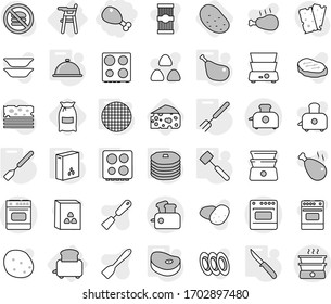 Editable thin line isolated vector icon set - chicken leg, Chair for babies, toaster, spatula, big fork, knife, meat hammer, hob, sieve, meal cap, cereals, steake, pancakes, flour, potato, cheese