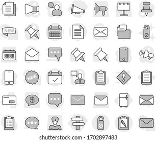 Editable thin line isolated vector icon set - loudspeaker, singlepost, sms, calendar, terms, clipboard pen, document, do not distrub, fridge, envelope vector, paper pin, billboard, woman, mail, new