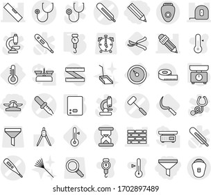 Editable thin line isolated vector icon set - pencil, scales, funnel, medical thermometer vector, pipette, stethoscope, doctors hammer, brick wall, measuring tape, level, sand clock, barometer, rake