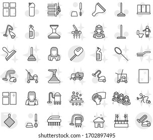 Editable thin line isolated vector icon set - vacuum cleaner, filter vector, rag, scraper, trolley, mop, car fetlock, window cleaning, toilet brush, agent, shining, woman, skysrcapers, skyscrapers