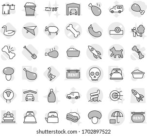 Editable thin line isolated vector icon set - chicken leg, head reflector vector, bone, skull, flower bed, insurance, rocket, deltaplane, aquapark, dog, satellite, kettle, sheep, shovel, goose, car