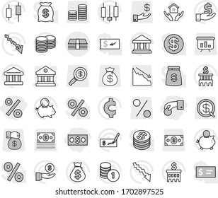 Editable thin line isolated vector icon set - hand coin, money, percent, library, house hold vector, bank, japanese candle, crisis, bag, piggy, investment, stack, check, building, cent sign, gift