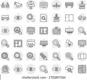 Editable thin line isolated vector icon set - magnifier, singlepost, eye vector, plan, plane, mirror, tv, 3d glasses, pickup, telescope, bank building, truck trailer, search document, marker, bench