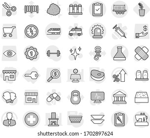 Editable thin line isolated vector icon set - shop, medical cross vector, flask, truck shipping, clipboard pen, check, alarm, train, key, colander, steake, seedling, grain elevator, sponge, shining