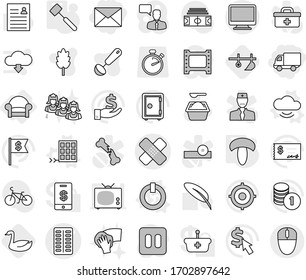 Editable thin line isolated vector icon set - delivery, mail, medical patch vector, pills blister, armchair, on off button, cloud service, solar panel, meat hammer, mushroom, plow, goose, wiping, tv