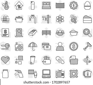 Editable thin line isolated vector icon set - tower crane, scraper vector, water tap, trash bin, foam basin, cleaning agent, pan, cook timer, jar, cake, blackboard, atom, dollar coin, gold ingot, tv