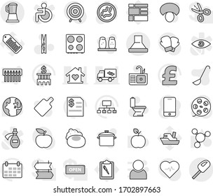 Editable thin line isolated vector icon set - soap vector, clothespin, toilet, sink, pan, ladle, cutting board, oven, spices, mushroom, apple fruit, world, molecule, annual report, bank building