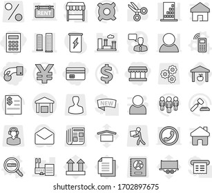 Editable thin line isolated vector icon set - hand coin, credit card, market, calculator, skyscrapers, mall, city, warehouse, mobile phone vector, data search, scissors, auction, annual report, man