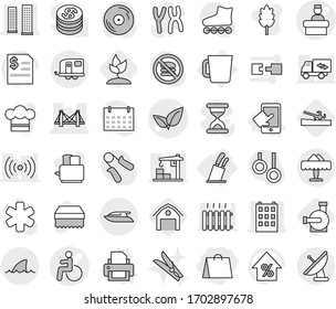 Editable thin line isolated vector icon set - shopping bag, disability vector, leafs, hospital recieption, bridge, building, skyscrapers, trailer, restaurant, yacht, shark flipper, stands for knives