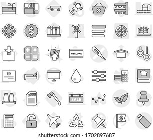 Editable thin line isolated vector icon set - delete cart, medical thermometer vector, leafs, windmill, consolidated cargo, unlocked, bed, recycle, sd card, cooking book, salt pepper, watering, axe