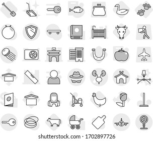 Editable thin line isolated vector icon set - kidneys vector, arch, houses, level, plane, confidential, bungalow, key, shield, jellyfish, pets, drawing pen, tomato, fish, cow, shovel, goose, chicken