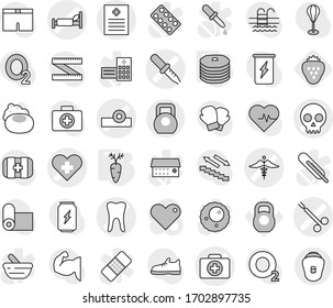 Editable thin line isolated vector icon set - heart cross vector, pipette, doctor case, head reflector, recipe, hospital bed, skull, tooth, surgical clamp, ambulance sign, heavy, pancakes, carrot