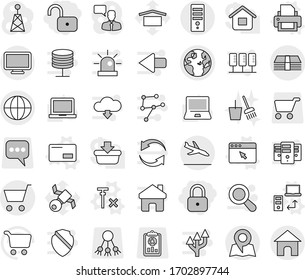 Editable thin line isolated vector icon set - lock, unlock, globe, money, cart, arrival, map, data transfer vector, printer, envelope, browser window, no signal, bucket and broom, notebook pc, share