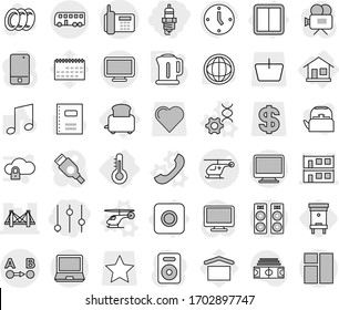 Editable thin line isolated vector icon set - equalizer, spark plug, ambulance helicopter vector, bridge, modular house, route a to b, phone, bus, home, thermometer, power switch, ring button, hive