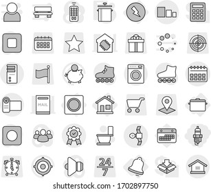 Editable thin line isolated vector icon set - spark plug, calendar vector, satellite, sorting, medal, home, electricity, pan, ring button, bell, toilet, piggy bank, target, roller Skates, cart, 24 7