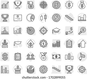 Editable thin line isolated vector icon set - clipboard, dollar coin, stairs, golf, chart vector, graduate hat, award cup, certificate, graph, pie, japanese candle, money bag, growth, bank building