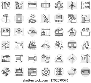 Editable thin line isolated vector icon set - tools, bunker, slum, modular house, brick, factory, construction, tower crane, architector, barrel, railroad shipping, transporter tape, pallet, repair