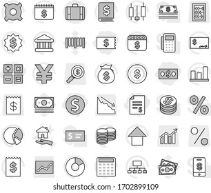 Editable thin line isolated vector icon set - dollar coin, money, account balance, receipt, calculator, suitcase, housing, bank vector, graph, pie, japanese candle, bag, stack, check, annual report