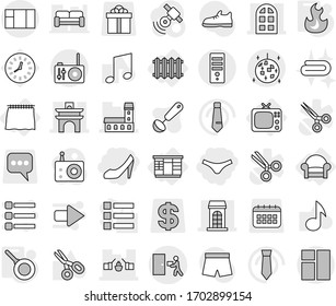 Editable thin line isolated vector icon set - underpants, shoes, mansion, arch, drawbridge, building, window, courier delivery, disco ball, curtain, wardrobe, armchair, tv, radiator, pan, fire, tie