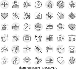 Editable thin line isolated vector icon set - bandaged head vector, doctor case, stethoscope, reflector, hospital, tomography, dropper, ambulance sign, invalid, syringe, gloves, heart pulse, cross