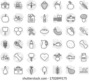 Editable thin line isolated vector icon set - bike, bone vector, ambulance car, tooth implant, sign, tennis, chicken leg, fish, spikelets, beans, honeycombs, flour, eggplant, beet, jug, strawberry