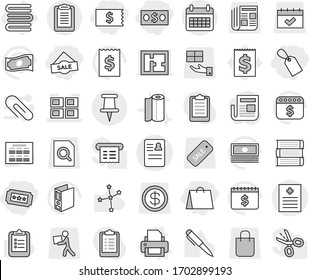 Editable thin line isolated vector icon set - money, receipt, shopping bag, label, sale, ticket, recipe vector, anamnesis, panel house, pin, calendar, clipboard, towels, printer, paper towel, book