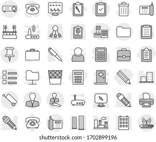 Editable thin line isolated vector icon set - clipboard, pencil, store, list, calculator, building, skyscrapers, city, pin, phone, client, check, documents, suitcase, trash bin vector, case, pen